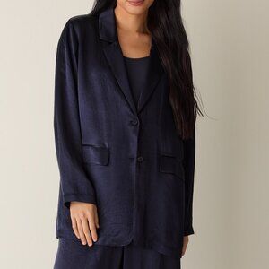 EILEEN FISHER Textured Satin Long Blazer, Ink Blue, PM, EUC